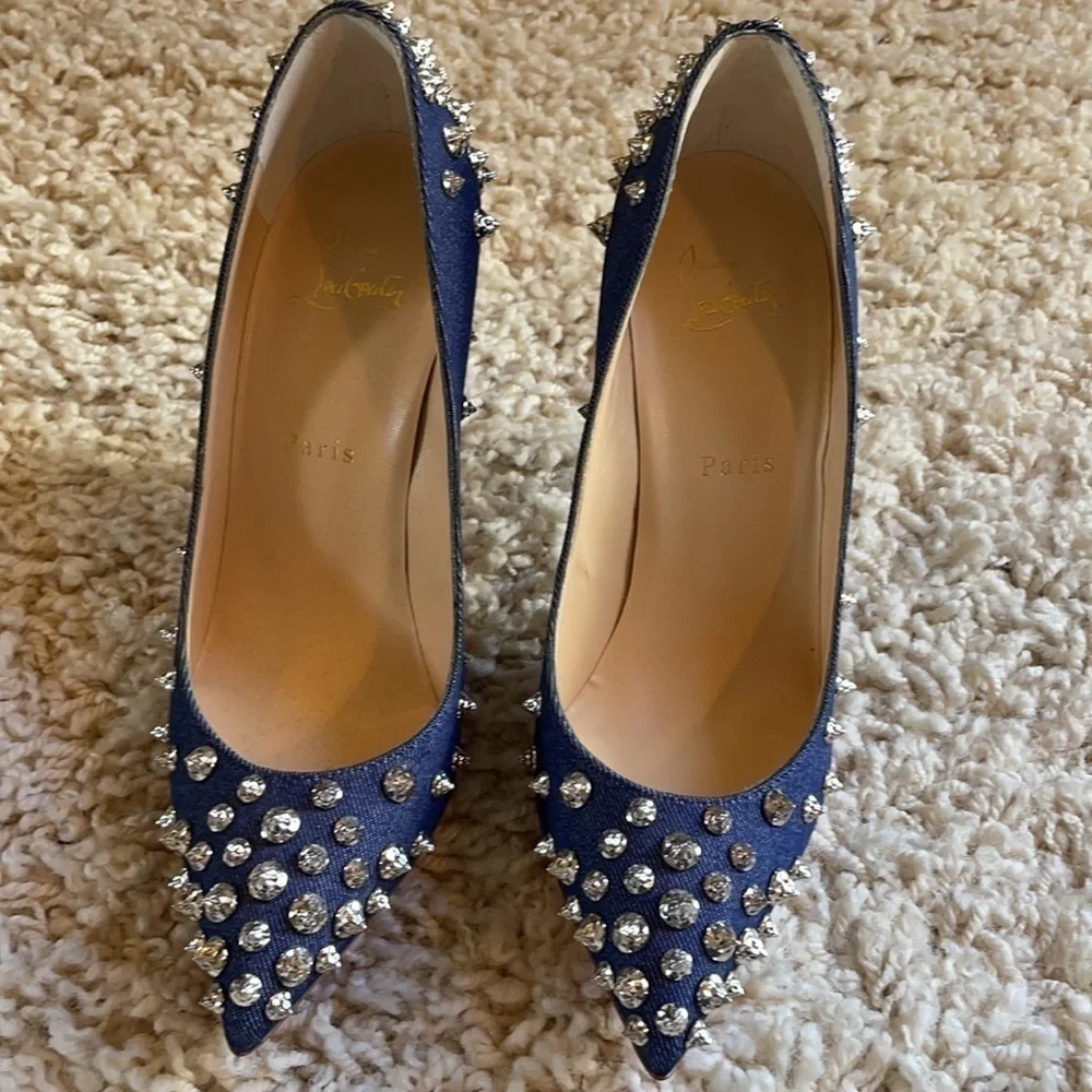 Louboutin Aimantaclou Studded Blue Denim Pumps Heels Size 39